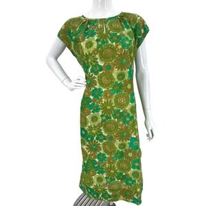 Vintage 60s-70s Calabash House Hawaiian Dress Green Floral‎ Keyhole Neck